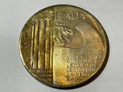 ITALY 1943 (c1970) UNCIRCULATED/TONED CONDITION 20 LIRE - MUSSOLINI FANTASY MEDAL/COIN AS PICTURED.