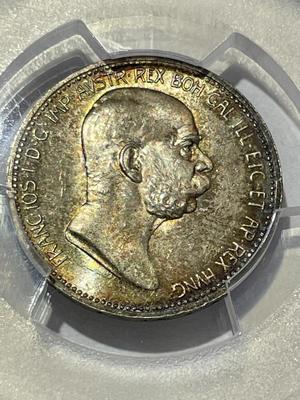 PCGS CERTIFIED AUSTRIA 1908 MS65 CORONA KM-2808 60TH ANNIVERSARY GORGEOUS TONED SILVER COIN.