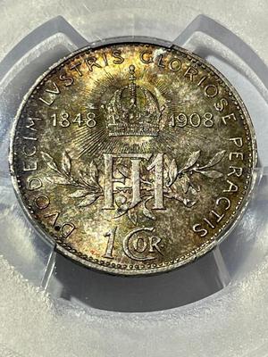 PCGS CERTIFIED AUSTRIA 1908 MS65 CORONA KM-2808 60TH ANNIVERSARY GORGEOUS TONED SILVER COIN.