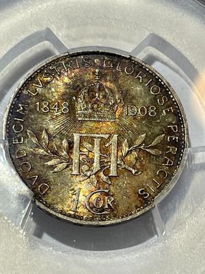 PCGS CERTIFIED AUSTRIA 1908 MS64 CORONA KM-2808 60TH ANNIVERSARY GORGEOUS TONED SILVER COIN.