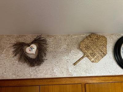 WALL CLOCK, HEART WREATHS AND WEAVED ART