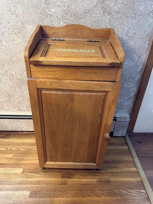 WOODEN TRASH BIN & CAST IRON TILED TRIVET