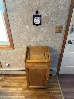 WOODEN TRASH BIN & CAST IRON TILED TRIVET