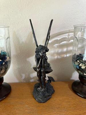 2 GLASS CANDLE HOLDERS AND AN ANGEL FIGURE