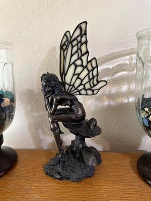 2 GLASS CANDLE HOLDERS AND AN ANGEL FIGURE