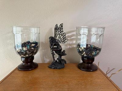 2 GLASS CANDLE HOLDERS AND AN ANGEL FIGURE