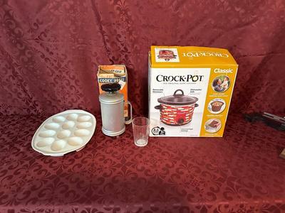 NEW CROCK POT COOKIE PRESS, DEVILED EGG DISH, COFFEE GRINDER AND MORE