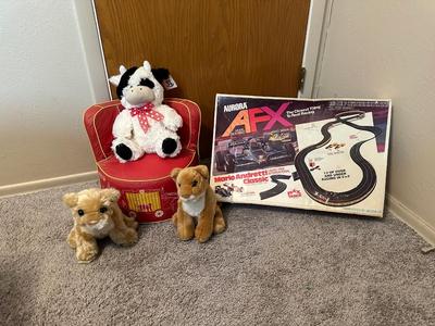AFX RACE TRACK, PLUSH ANIMALS AND VINTAGE CHILD'S VINYL CHAIR