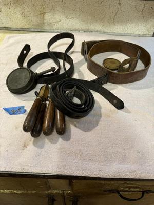 Vintage Belts & Buckle, Bullet Molds, Oil Tin