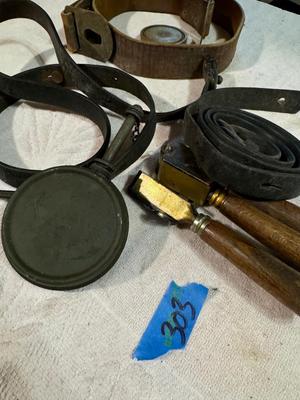 Vintage Belts & Buckle, Bullet Molds, Oil Tin
