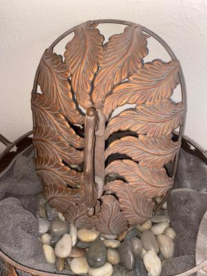 BEAUTIFUL BRONZE AND ROD IRON BASKET FILLED WITH POLISHED ROCKS