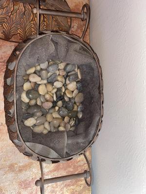 BEAUTIFUL BRONZE AND ROD IRON BASKET FILLED WITH POLISHED ROCKS