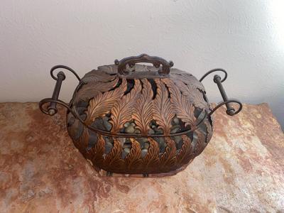 BEAUTIFUL BRONZE AND ROD IRON BASKET FILLED WITH POLISHED ROCKS