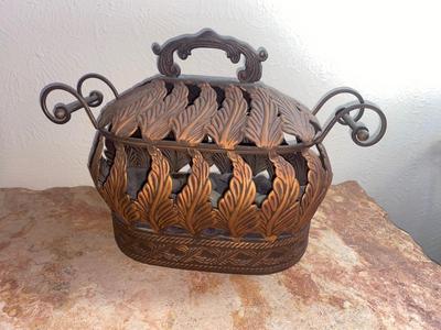 BEAUTIFUL BRONZE AND ROD IRON BASKET FILLED WITH POLISHED ROCKS