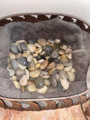 BEAUTIFUL BRONZE AND ROD IRON BASKET FILLED WITH POLISHED ROCKS