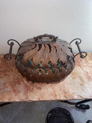 BEAUTIFUL BRONZE AND ROD IRON BASKET FILLED WITH POLISHED ROCKS