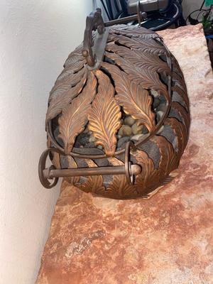 BEAUTIFUL BRONZE AND ROD IRON BASKET FILLED WITH POLISHED ROCKS