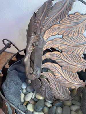 BEAUTIFUL BRONZE AND ROD IRON BASKET FILLED WITH POLISHED ROCKS