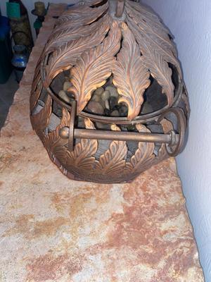 BEAUTIFUL BRONZE AND ROD IRON BASKET FILLED WITH POLISHED ROCKS