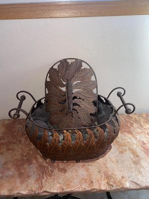 BEAUTIFUL BRONZE AND ROD IRON BASKET FILLED WITH POLISHED ROCKS
