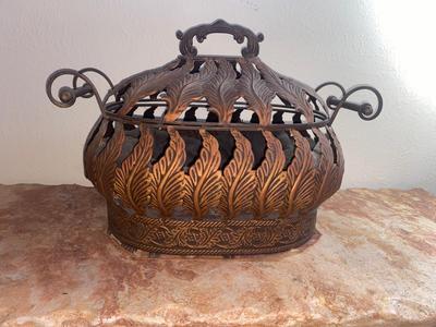 BEAUTIFUL BRONZE AND ROD IRON BASKET FILLED WITH POLISHED ROCKS