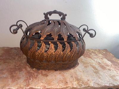 BEAUTIFUL BRONZE AND ROD IRON BASKET FILLED WITH POLISHED ROCKS