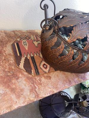 BEAUTIFUL BRONZE AND ROD IRON BASKET FILLED WITH POLISHED ROCKS