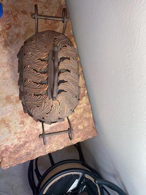 BEAUTIFUL BRONZE AND ROD IRON BASKET FILLED WITH POLISHED ROCKS
