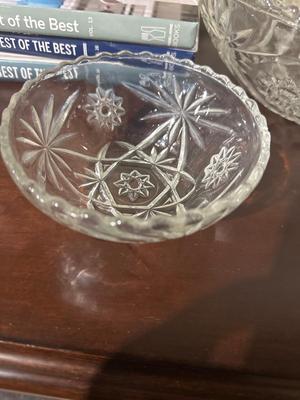 3 pressed glass bowls and 3 hardcover cookbooks