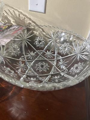 3 pressed glass bowls and 3 hardcover cookbooks