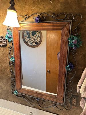 2 WALL MIRRORS WITH A WOOD & IRON FRAMES PLUS A MATCHING ROUND WALL DECOR