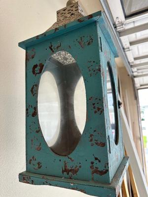 Large Teal Blue Wood & Metal Lantern Terrarium with Glass Windows