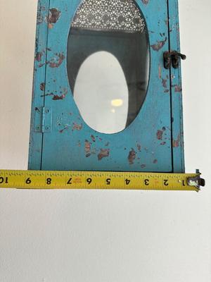 Large Teal Blue Wood & Metal Lantern Terrarium with Glass Windows
