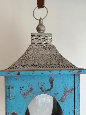Large Teal Blue Wood & Metal Lantern Terrarium with Glass Windows