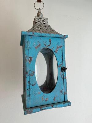 Large Teal Blue Wood & Metal Lantern Terrarium with Glass Windows