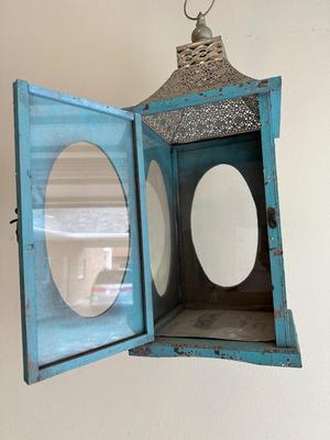 Large Teal Blue Wood & Metal Lantern Terrarium with Glass Windows