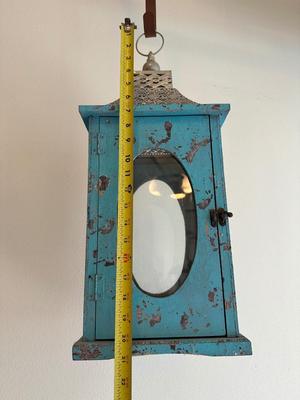 Large Teal Blue Wood & Metal Lantern Terrarium with Glass Windows