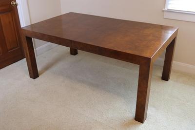Mid Century Solid Burlwood Expanding Dining Table with 2 Leaves