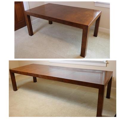 Mid Century Solid Burlwood Expanding Dining Table with 2 Leaves