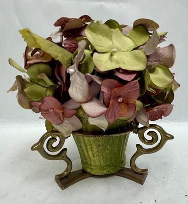 2 pc Decor lot Decorative Ceramic Plate and faux flower arrangement in Brass Holder
