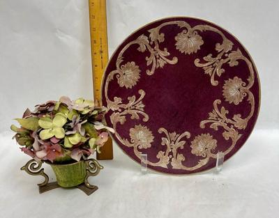 2 pc Decor lot Decorative Ceramic Plate and faux flower arrangement in Brass Holder