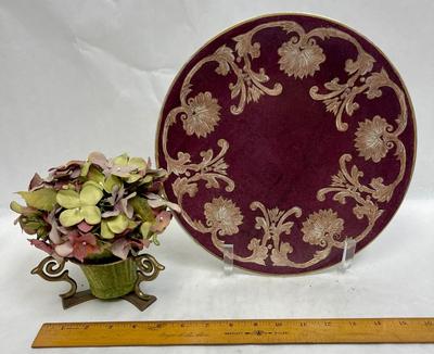 2 pc Decor lot Decorative Ceramic Plate and faux flower arrangement in Brass Holder