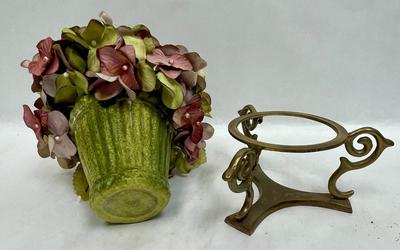 2 pc Decor lot Decorative Ceramic Plate and faux flower arrangement in Brass Holder