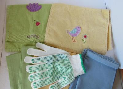 Nice Unused and Barely Used Pastel Towels and Garden Gloves