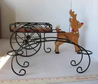 Wrought Iron and Wood Small Cart, Wood Deer and Wrought Iron Candle Holder