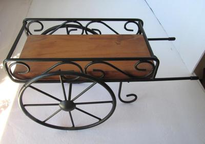 Wrought Iron and Wood Small Cart, Wood Deer and Wrought Iron Candle Holder