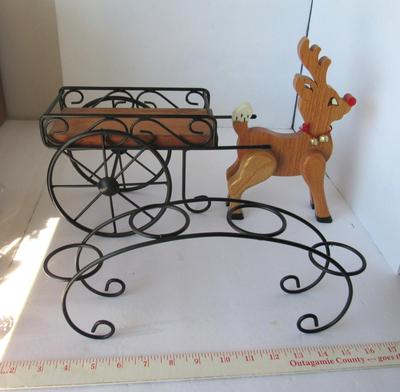 Wrought Iron and Wood Small Cart, Wood Deer and Wrought Iron Candle Holder