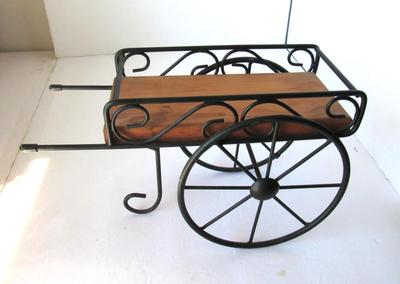 Wrought Iron and Wood Small Cart, Wood Deer and Wrought Iron Candle Holder