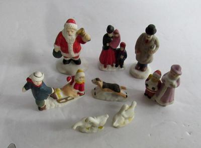 Lot of Older Bisque Christmas Village Figures and Pond