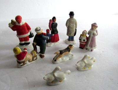 Lot of Older Bisque Christmas Village Figures and Pond